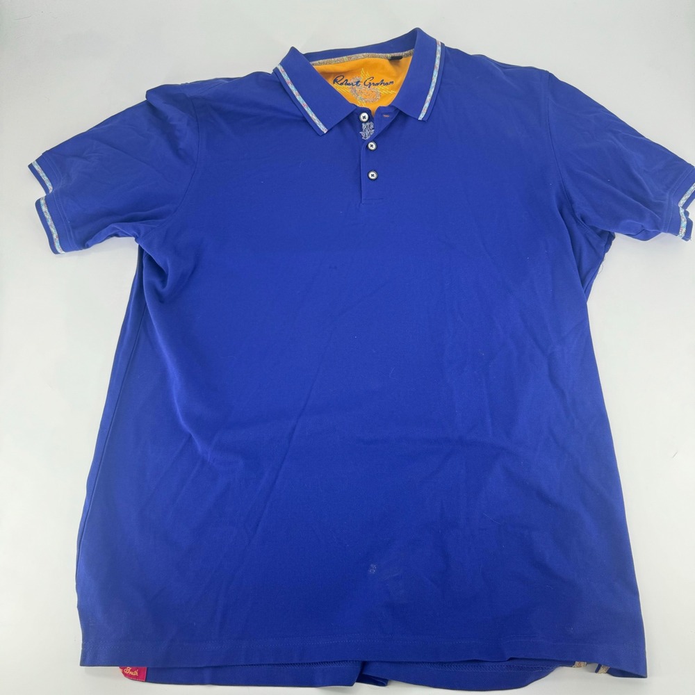 Robert Graham Mens 2XL Blue Pique Polo Shirt Paisley Trim Short Sleeve Cotton